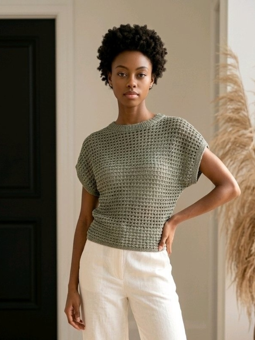 Zara Metallic Olive Green Open Knit Short Sleeve Crop Sweater Top